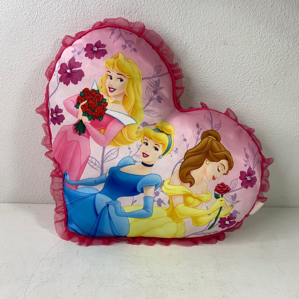 Vintage Y2K Disney Princess Satin Heart Pillow Aurora Cinderella Belle Ruffle